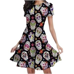 Fensace Dress Women's M Black Sugar Skull Dios Muerte Whimsigoth Rockabilly